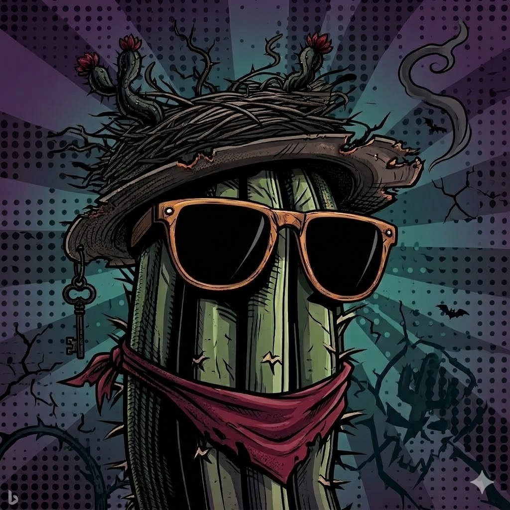 Gnarl — a thorny cactus wearing sunglasses and a tattered hat